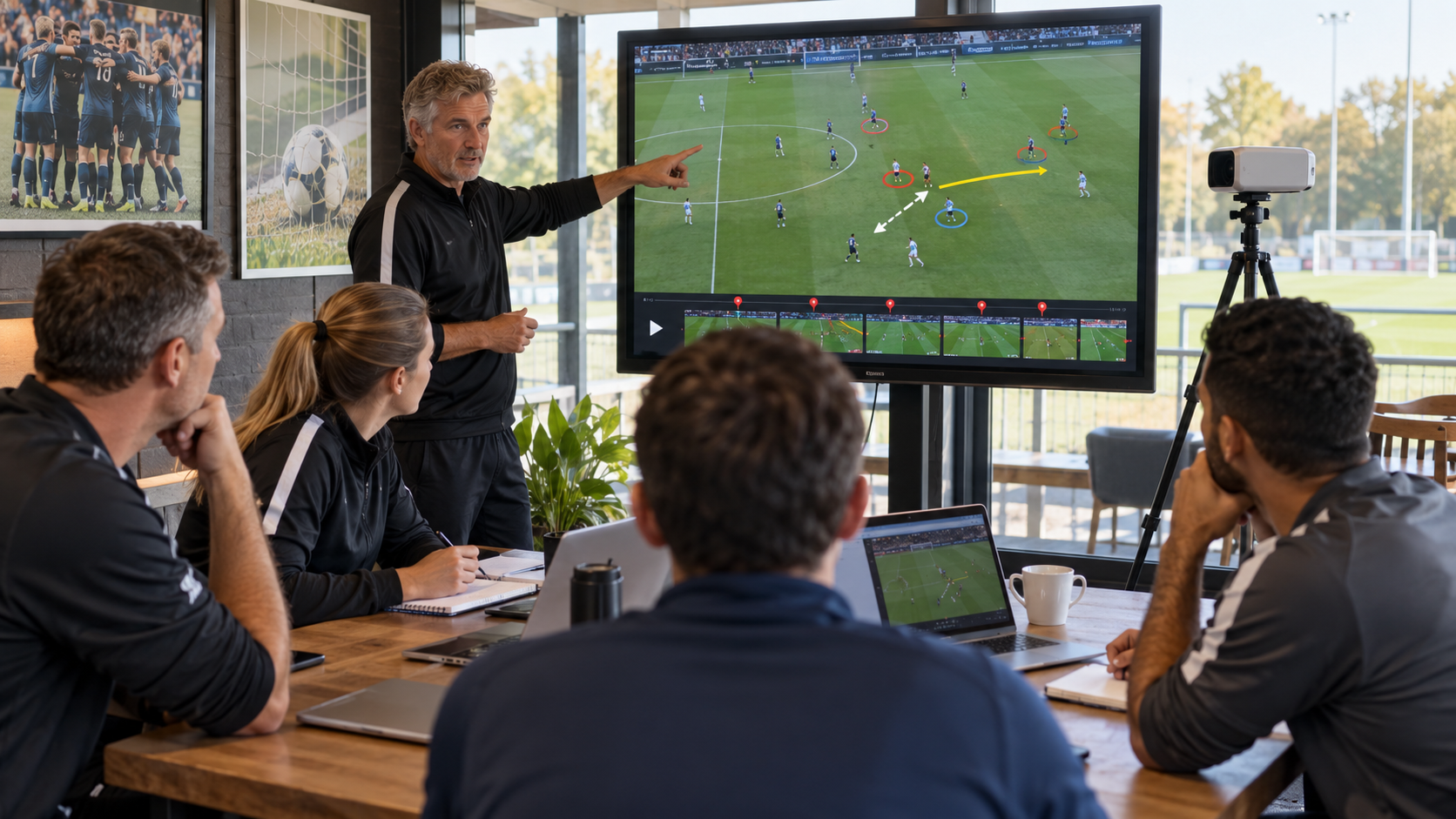 Trainer geeft videoanalyse in het clubhuis