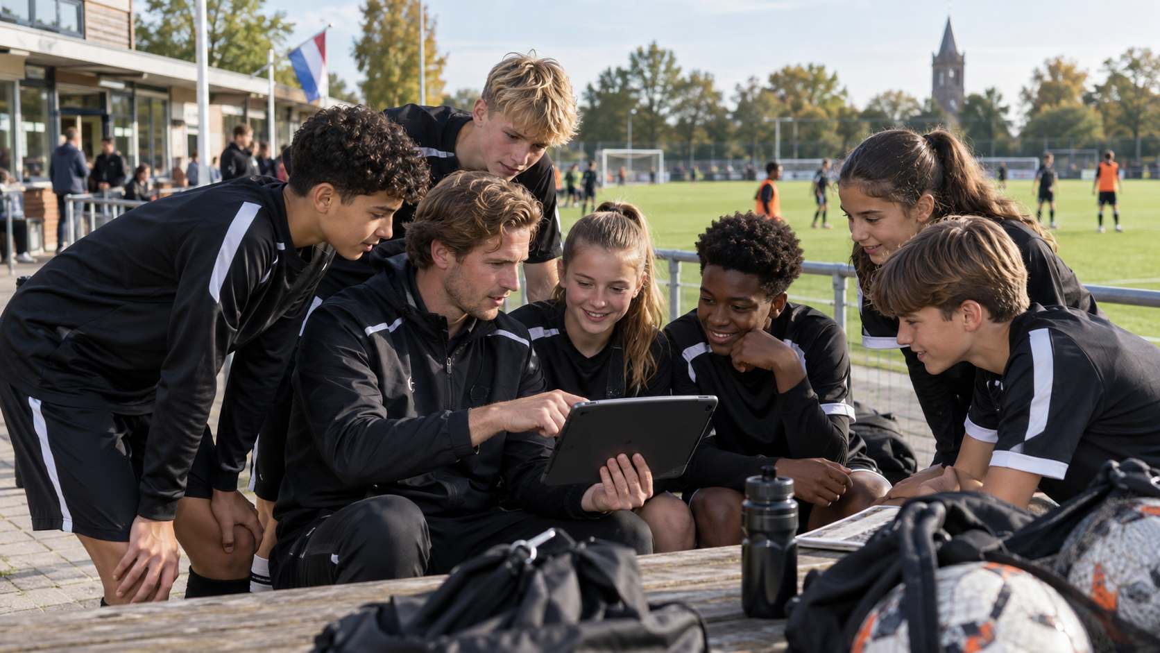 Trainer bekijkt beelden met spelers op een tablet