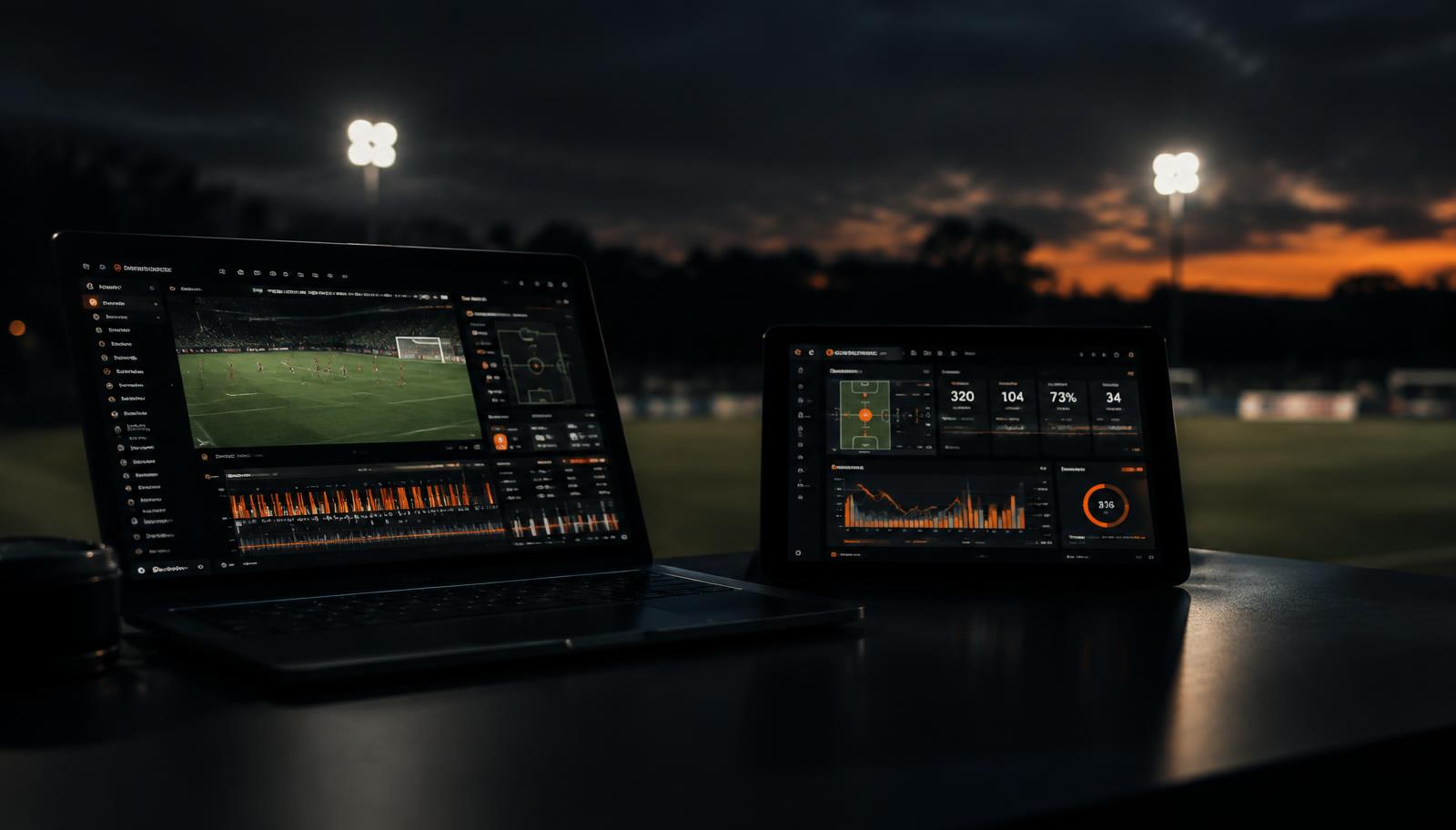 Laptop en tablet met videoanalyse en data langs het voetbalveld