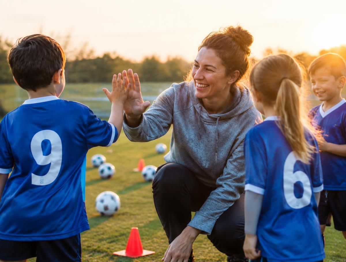 Vrijwilliger geeft kinderen een high five op het veld